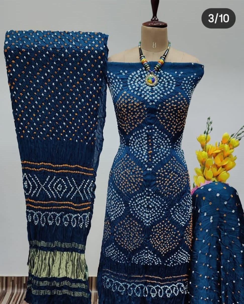 Modal Silk Barik Bandhej Work with Lagdi Patta Duppatta 3Pc Bandhani Dress Material
