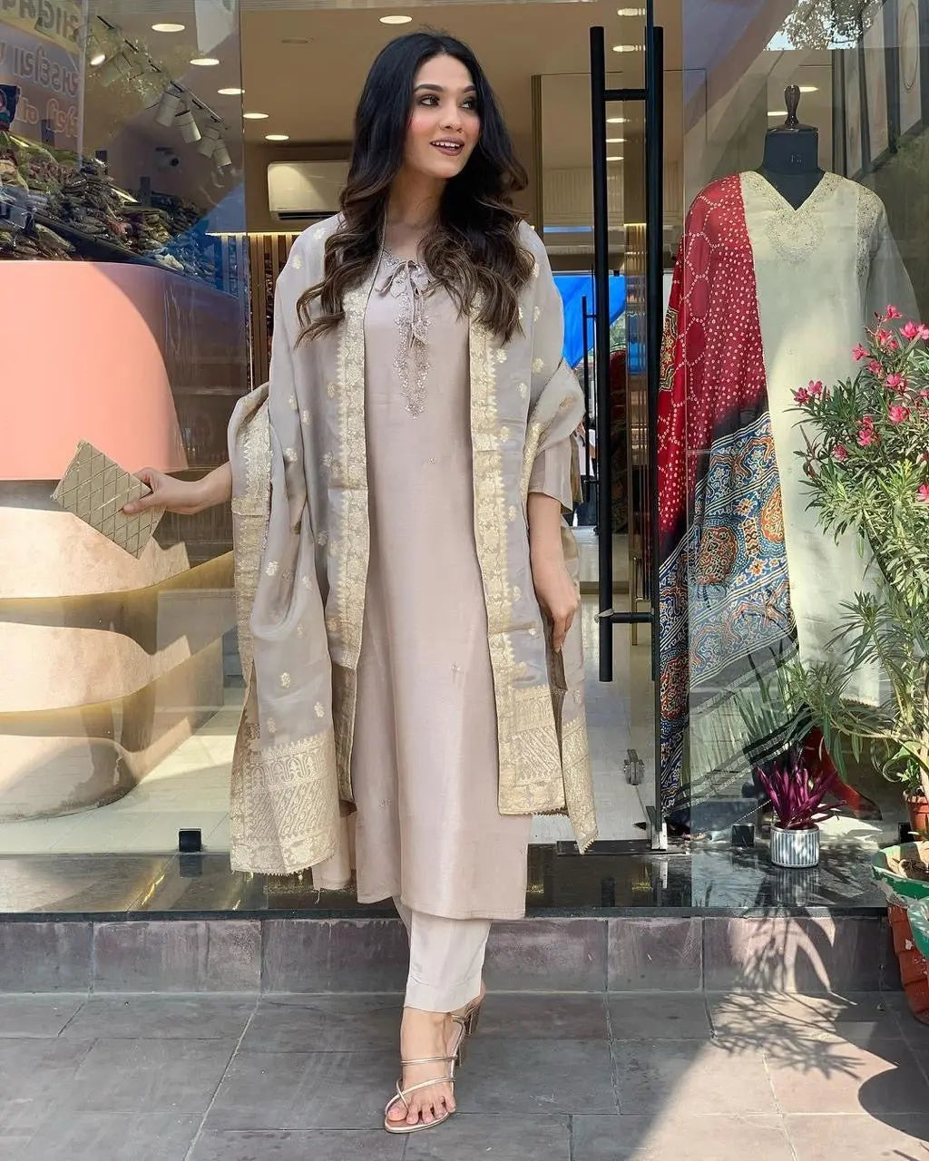 Roman Silk Jeckard Hand work Zari Weaving work Kurti Pant Dupatta Set (Stitched) - Premium from Ethenika.com - Just INR 2990! Shop now at Ethenika.com