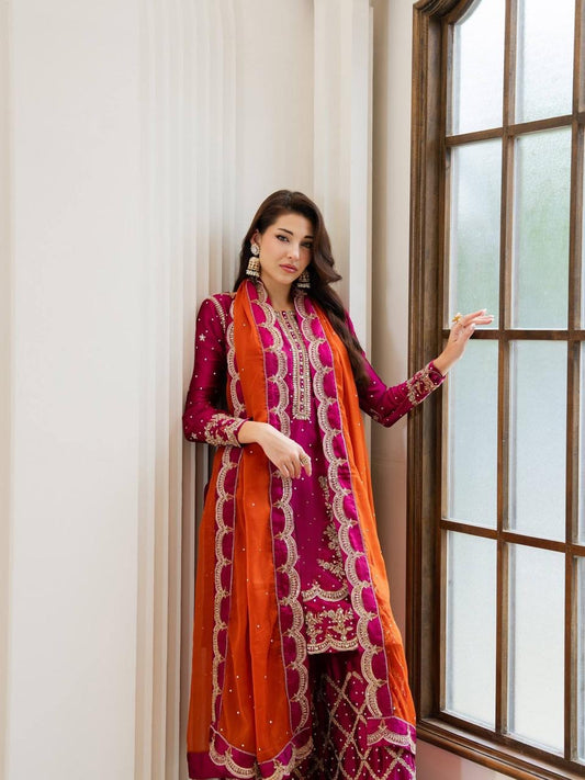 Designer Kurti Palazzo Set | Chinon Silk Zari Embroidery | Ready to Wear