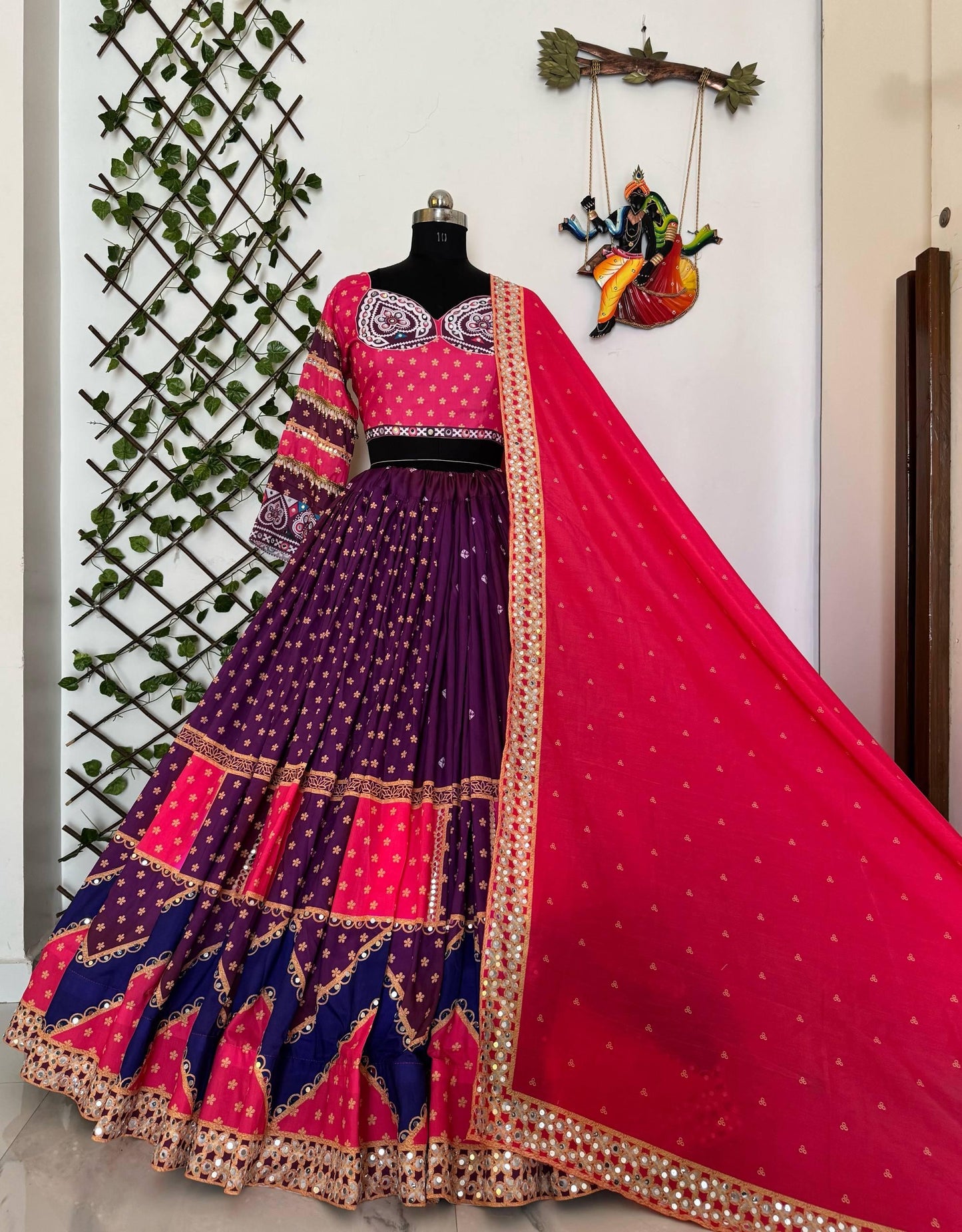 Muslin Fabric Digital Print Mirror Work Navratri Special Designer Chaniya Choli