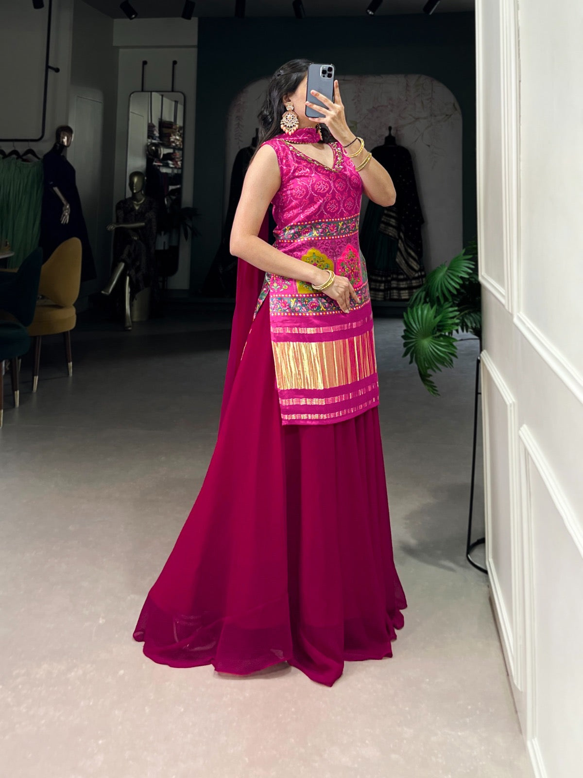 Ghazi Silk Block Print Golden Lagdi Patta work Kurti Palazo Dupatta Set (Ready to Wear) - Premium from Ethenika.com - Just INR 5990! Shop now at Ethenika.com