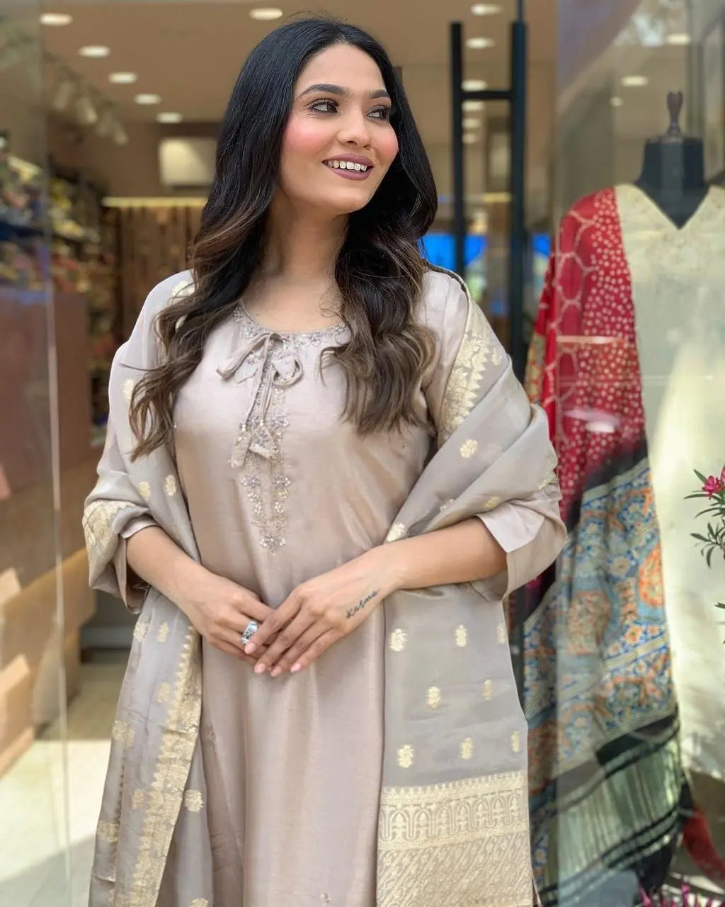 Roman Silk Jeckard Hand work Zari Weaving work Kurti Pant Dupatta Set (Stitched) - Premium from Ethenika.com - Just INR 2990! Shop now at Ethenika.com