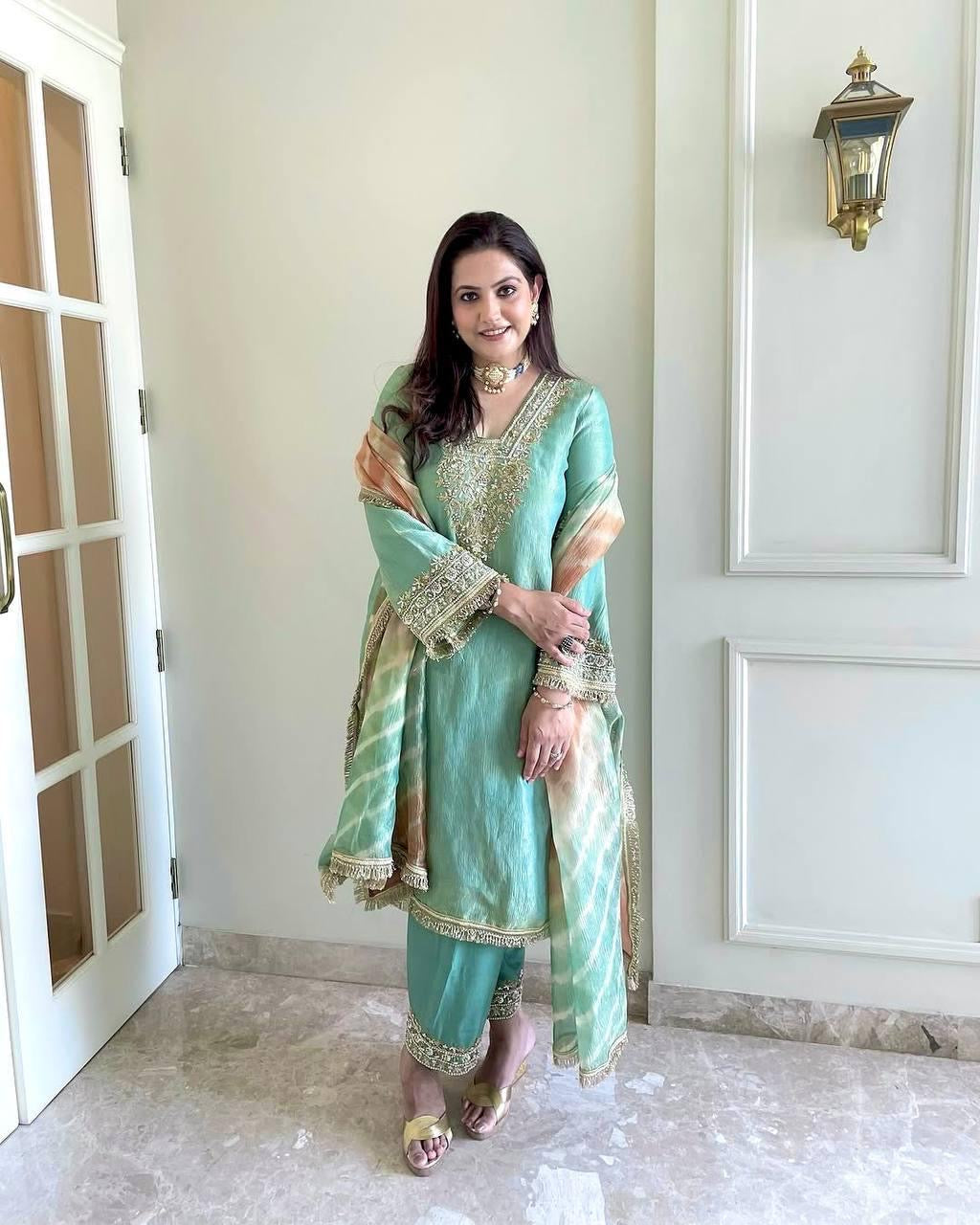 Ethenika Silk Designer Moti Work Party Wear Kurti Pant Dupatta Set (Fully Stitched) - Premium from Ethenika.com - Just INR 3990! Shop now at Ethenika.com