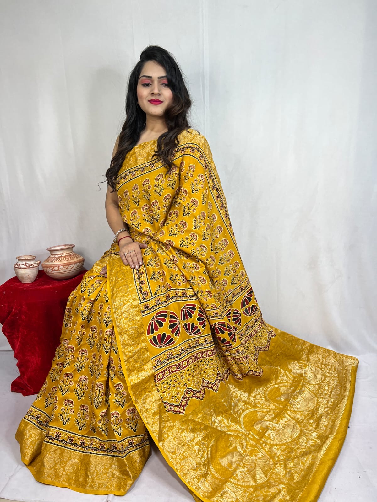 Dola Silk Original Handblocked Ajrakh work Saree - Premium from Ethenika.com - Just INR 6990! Shop now at Ethenika.com