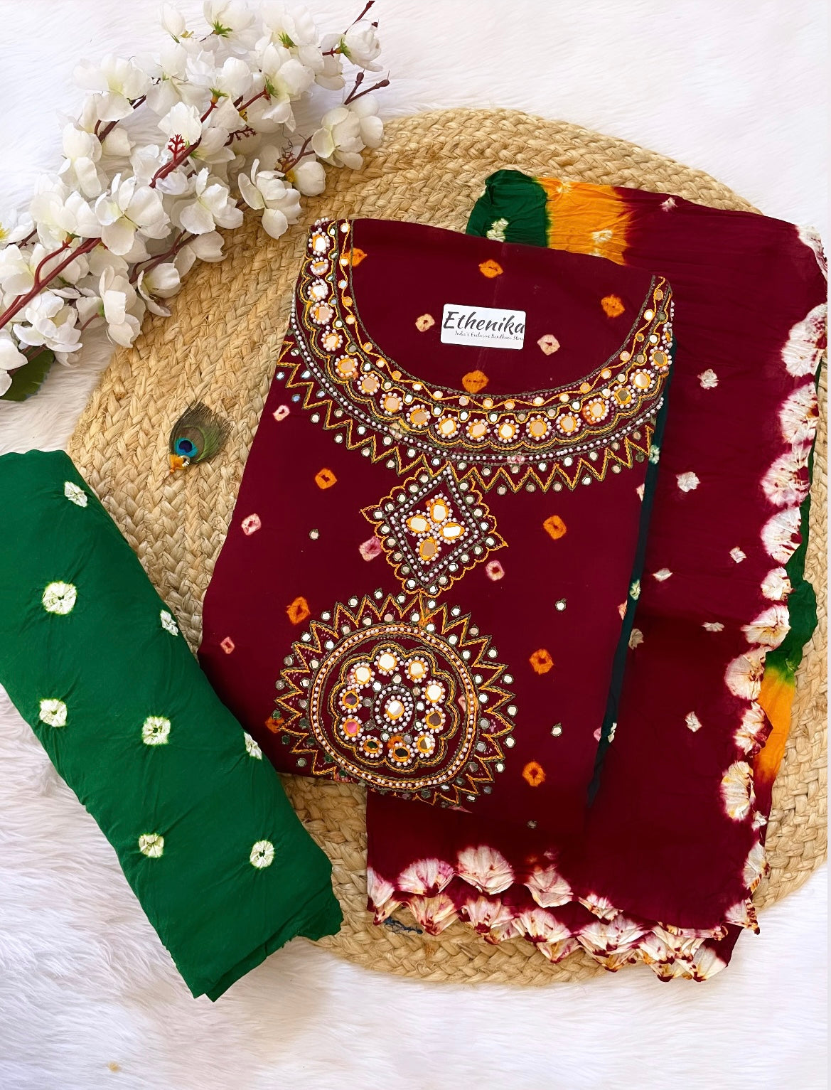 Cotton Kutchi Mirror Thread work Bandhani Dress Material - Premium from Ethenika.com - Just INR 1890! Shop now at Ethenika.com