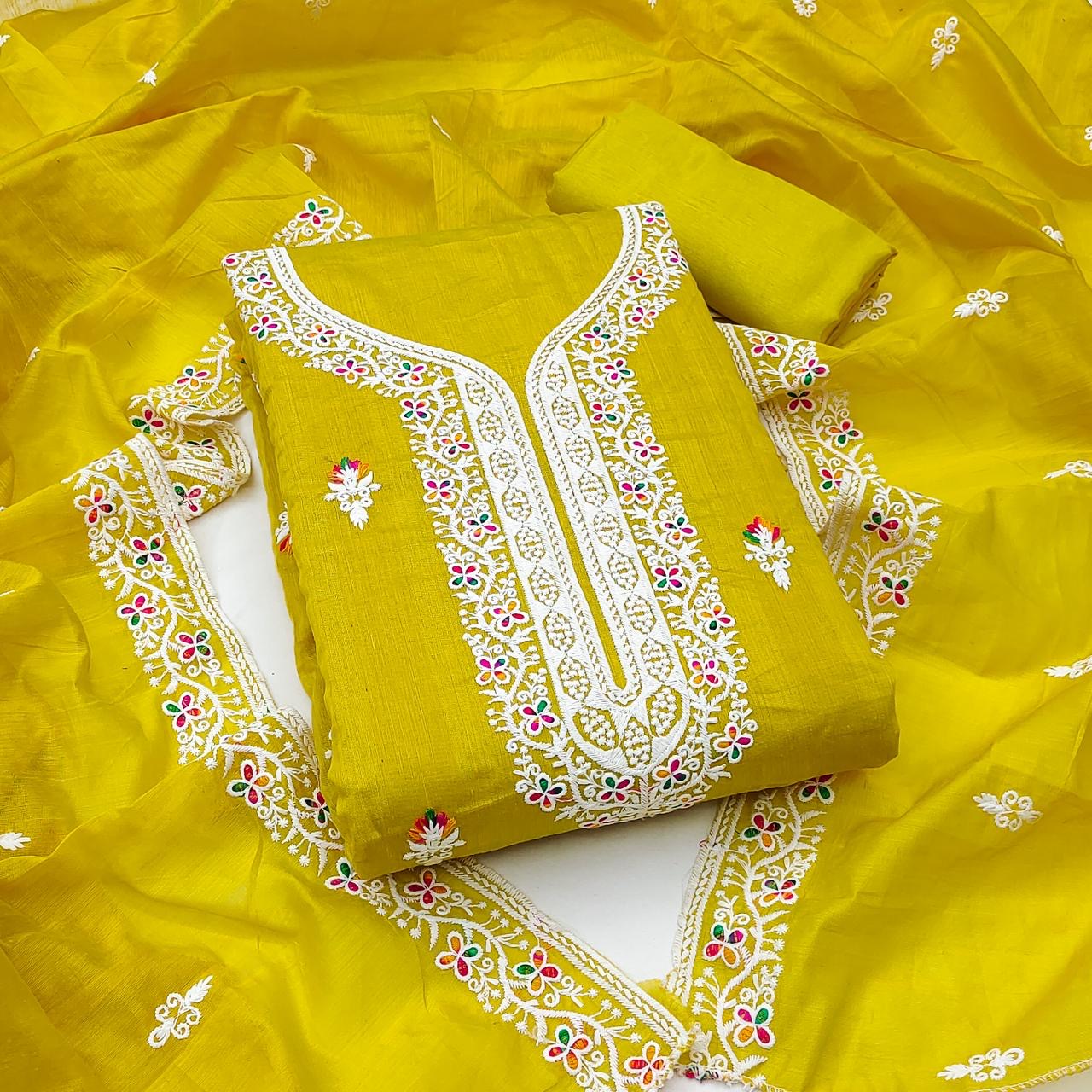 Heavy Chanderi Neck Embroidery work Dress Material (Unstitched) - Premium from Ethenika.com - Just INR 0! Shop now at Ethenika.com