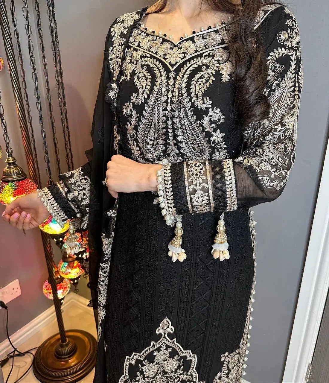 Georgette Zari Embroidery work Long Kurti Palazzo Dupatta Set - Premium from Ethenika.com - Just INR 2890! Shop now at Ethenika.com