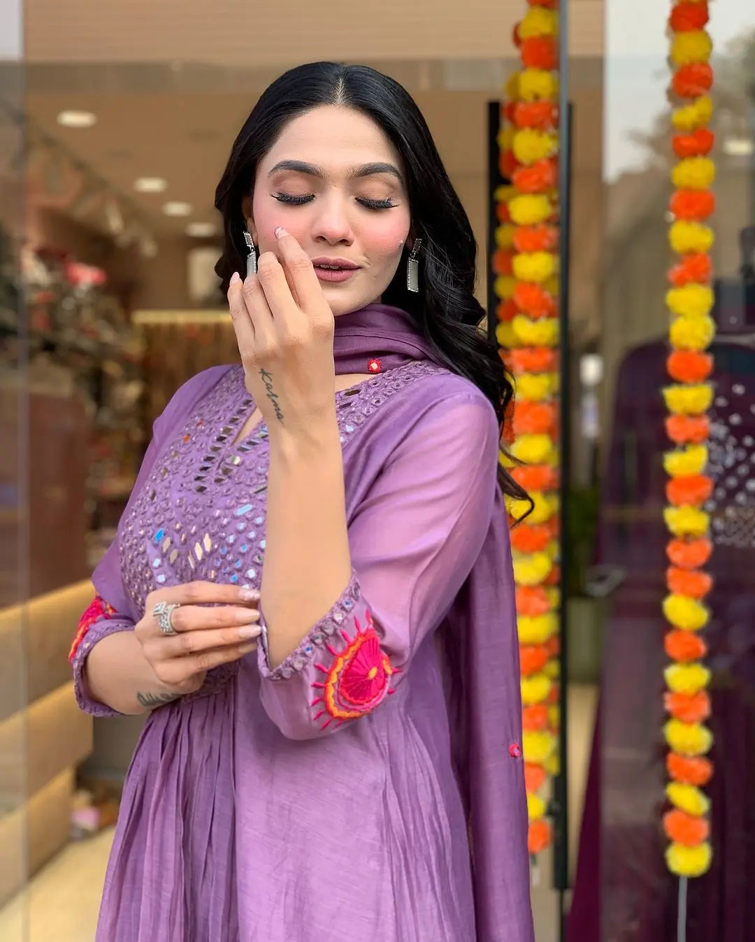 Mal Chanderi Silk Mirror work Alia Cut Kurti Palazzo Dupatta Set (Stitched) - Premium from Ethenika.com - Just INR 2590! Shop now at Ethenika.com