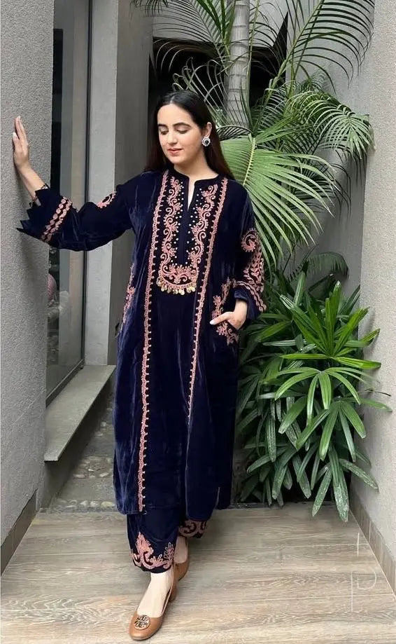 Designer Embroidery work Velvet Kurti Pant Set (Ready to wear) - Premium from Ethenika.com - Just INR 2990! Shop now at Ethenika.com