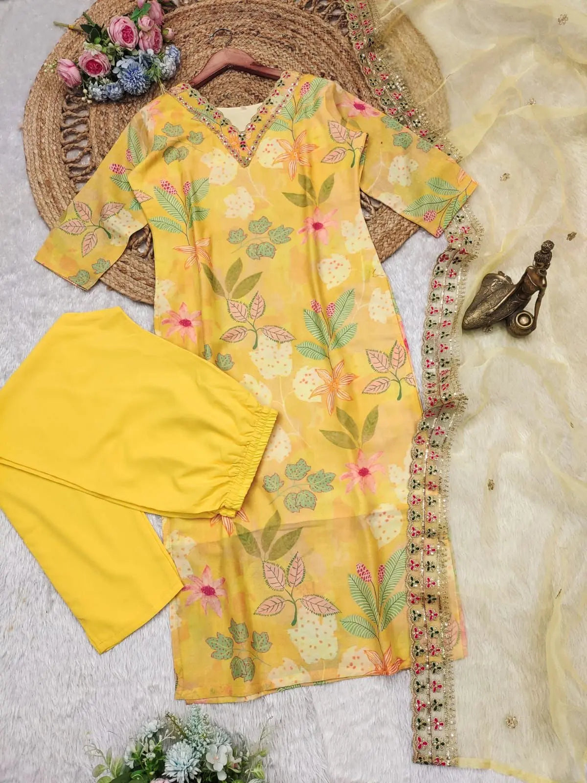 Muslin Silk digital Print with Embroidery work Kurti Pant Dupatta Set - Premium from Ethenika.com - Just INR 2790! Shop now at Ethenika.com