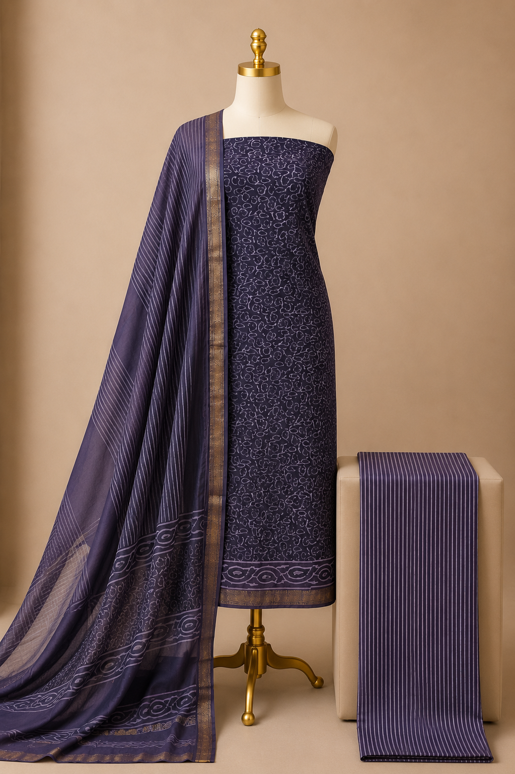 100% Pure Handmade Maheshwari Print 3Pc Unstitched Dress Material