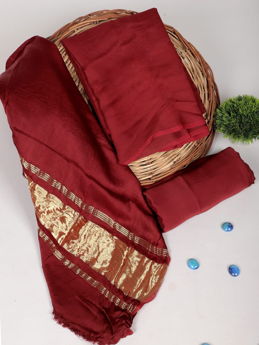Chanderi Silk Plain Concept Dress Material with Zari Weaving Dupatta (Unstitched)