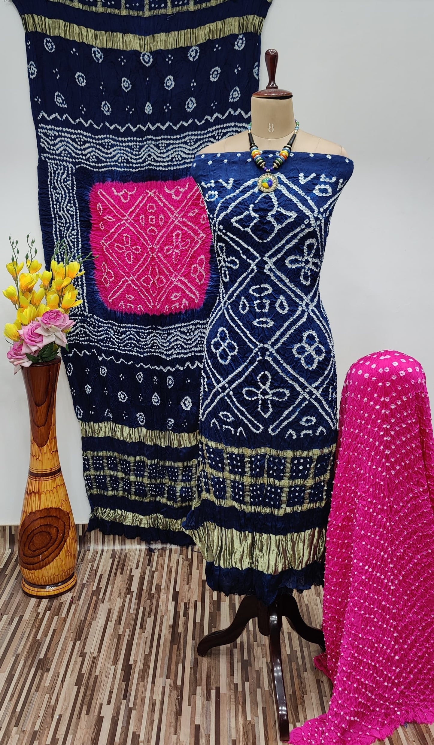 Modal Ghazi Silk Daman Work Barik Bandhej Bandhani Dress Material (Unstitched) - Premium from Ethenika.com - Just INR 6990! Shop now at Ethenika.com