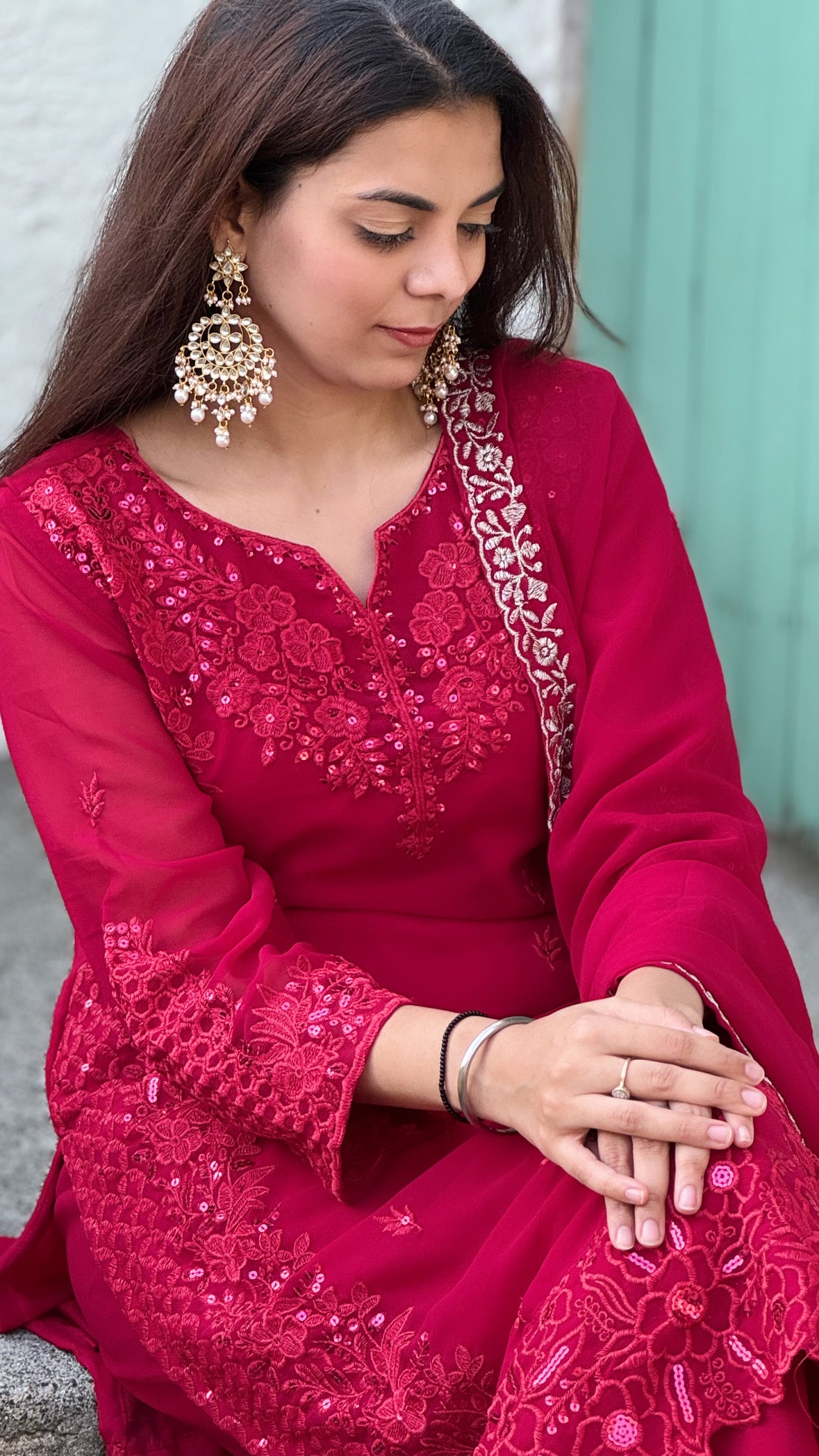 Faux Georgette Sequence Embroidery Work Designer Kurti Pant Dupatta Set (Ready to Wear)