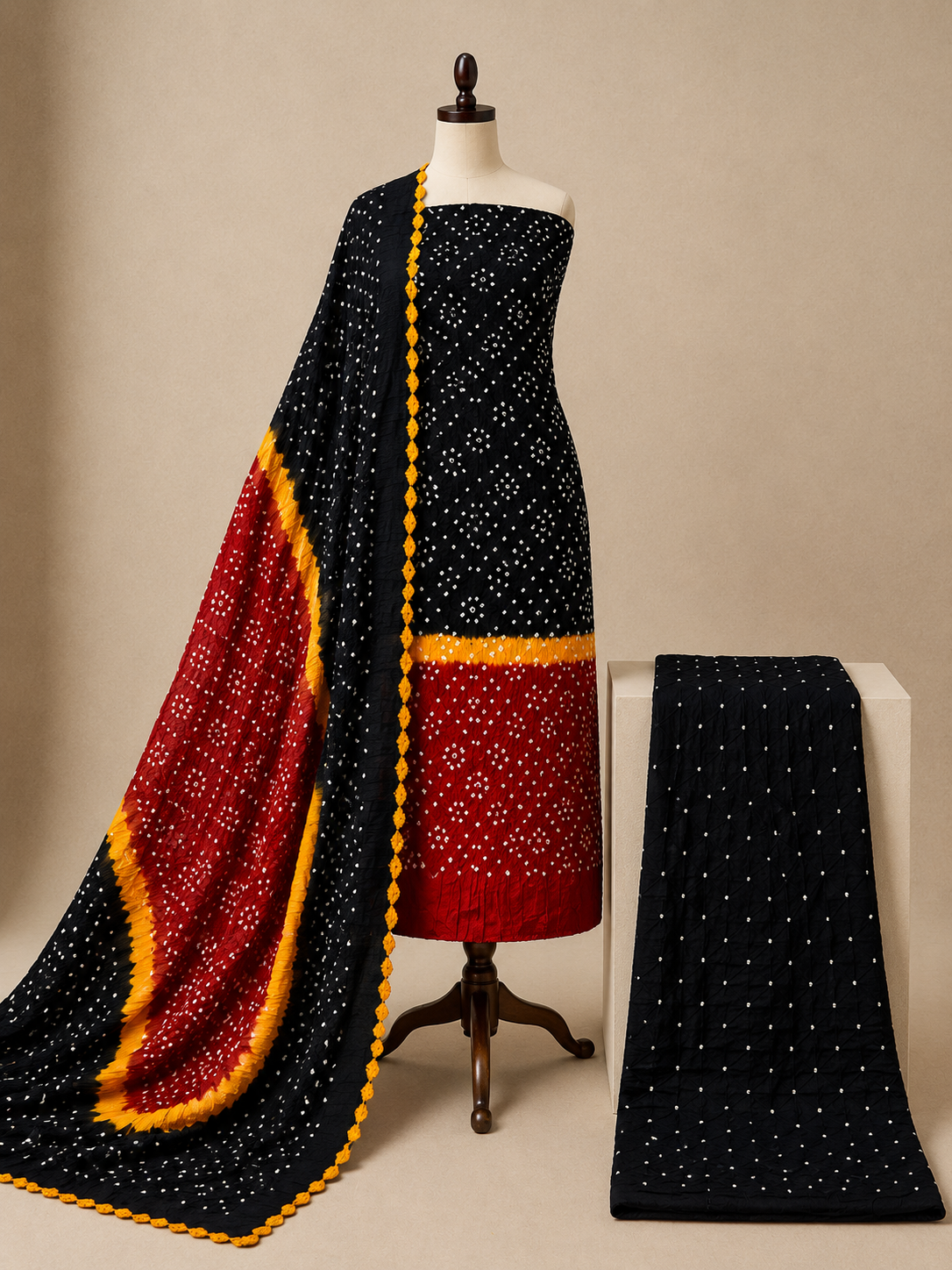 Cotton Satin Contrast Handmade Kutch 3Pc Unstitched Bandhani Dress Material