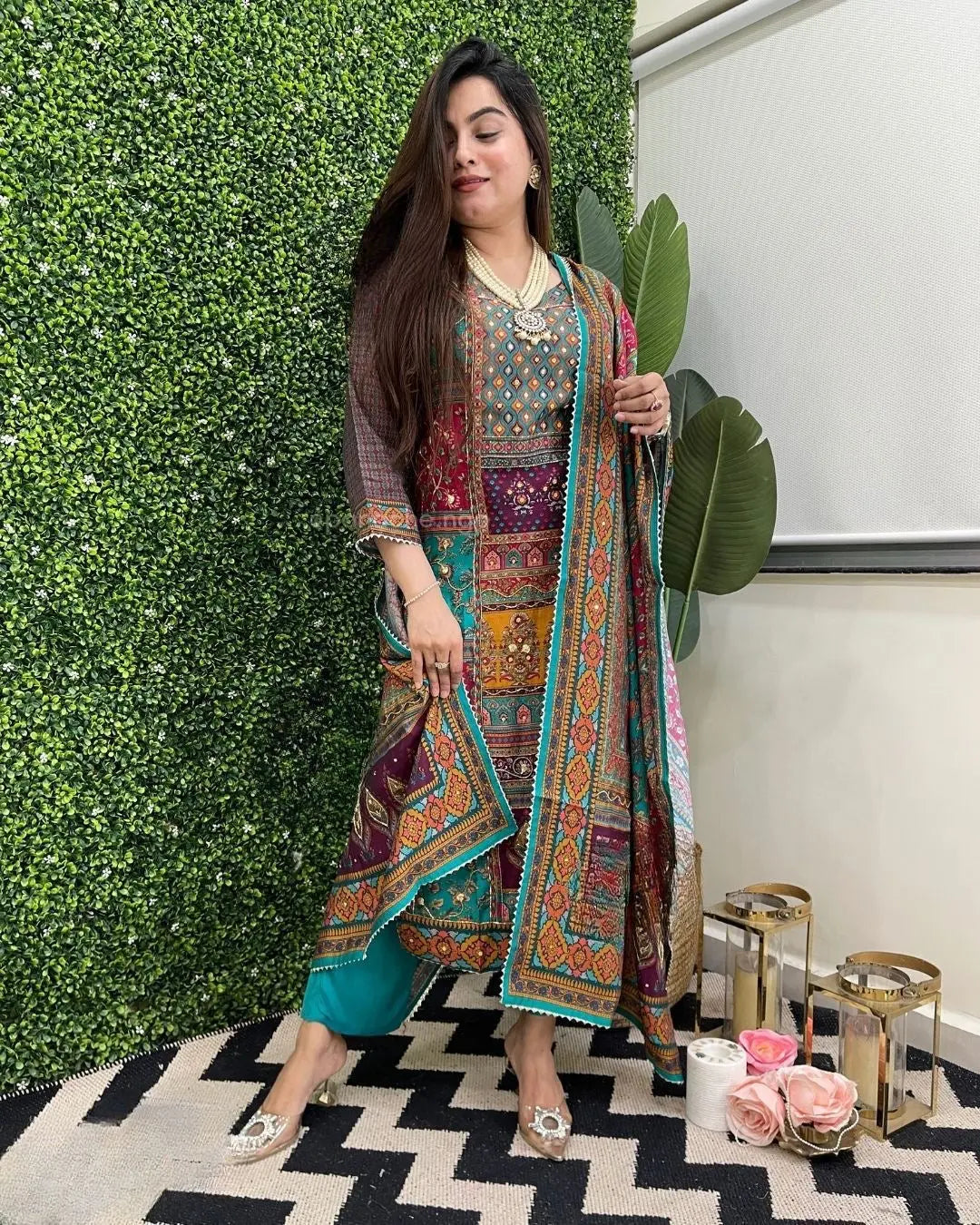 Muslin Real Mirror work Digital Print Party wear Kurti Pant Dupatta set - Premium from Ethenika.com - Just INR 2790! Shop now at Ethenika.com