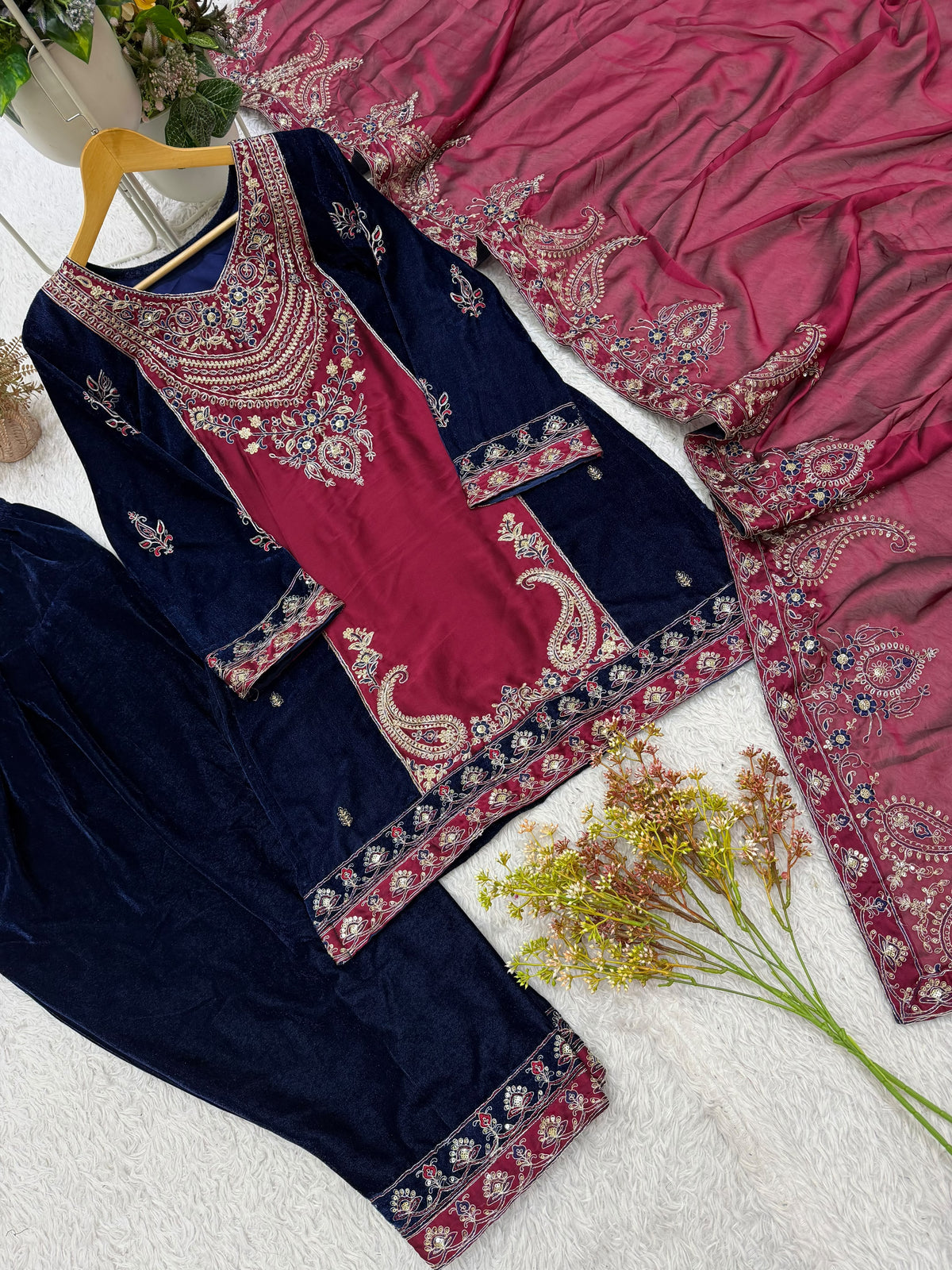 Velvet Sequence Embroidery Kurti Pant Dupatta Set | Winter Wear