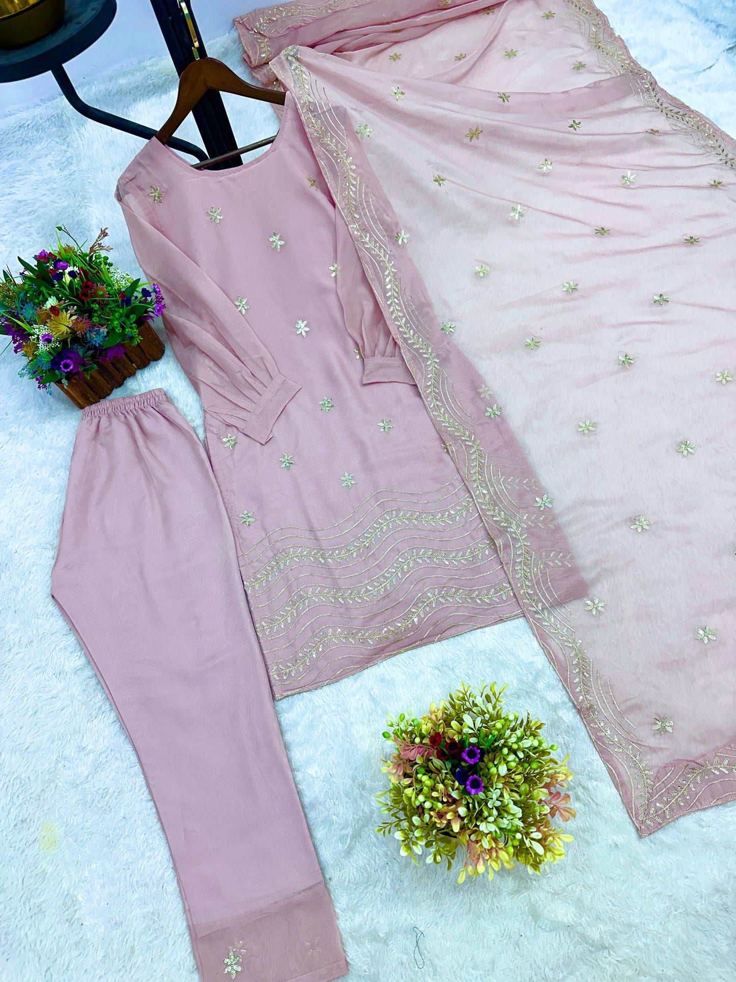Soft Tabby Silk Sequence Embroidery work Party Wear Designer 3Pc Kurti Pant Dupatta Set (Ready to Wear)