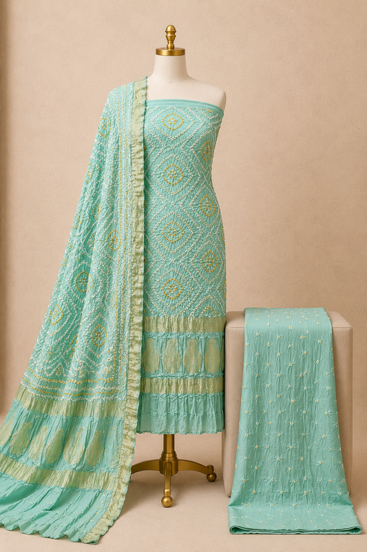 Modal Silk Nakshi Pallu Authentic Handmade Kutch 3Pc Silk Bandhani Dress Material (Unstitched)
