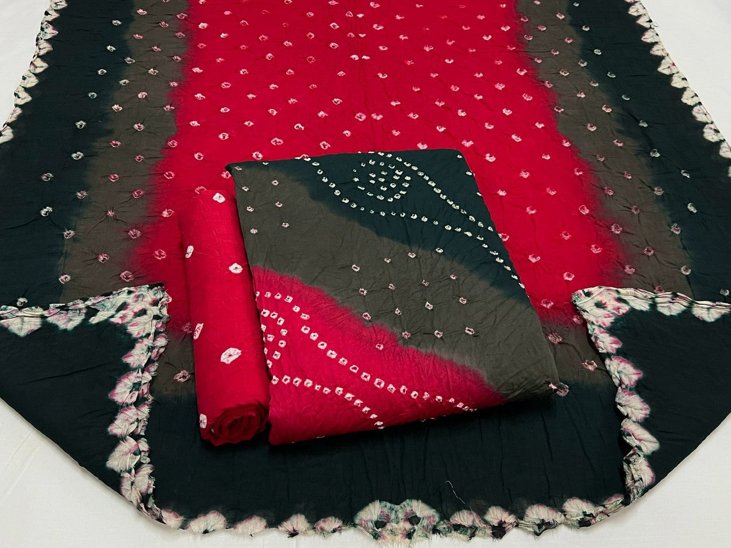 Cotton Satin V Pattern Multi Color Hand Crafted Kutch Bandhani Dress Material (Unstitched)