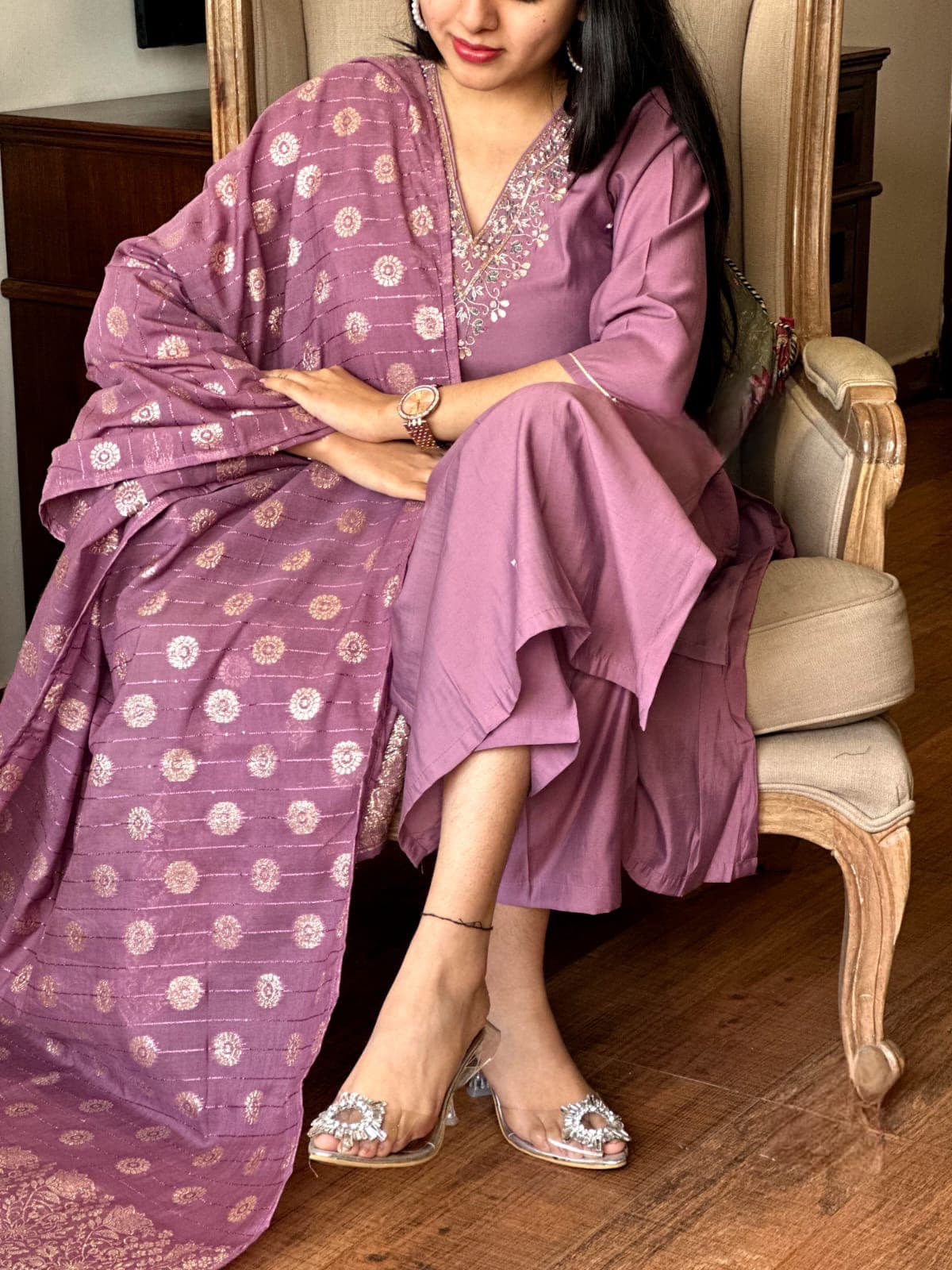 Viscose Chanderi Fabric V Neck Embroidery Work Jeckard Buta Kurti Pant Dupatta Set for Summer (Ready to Wear) - Premium from Ethenika.com - Just INR 2590! Shop now at Ethenika.com