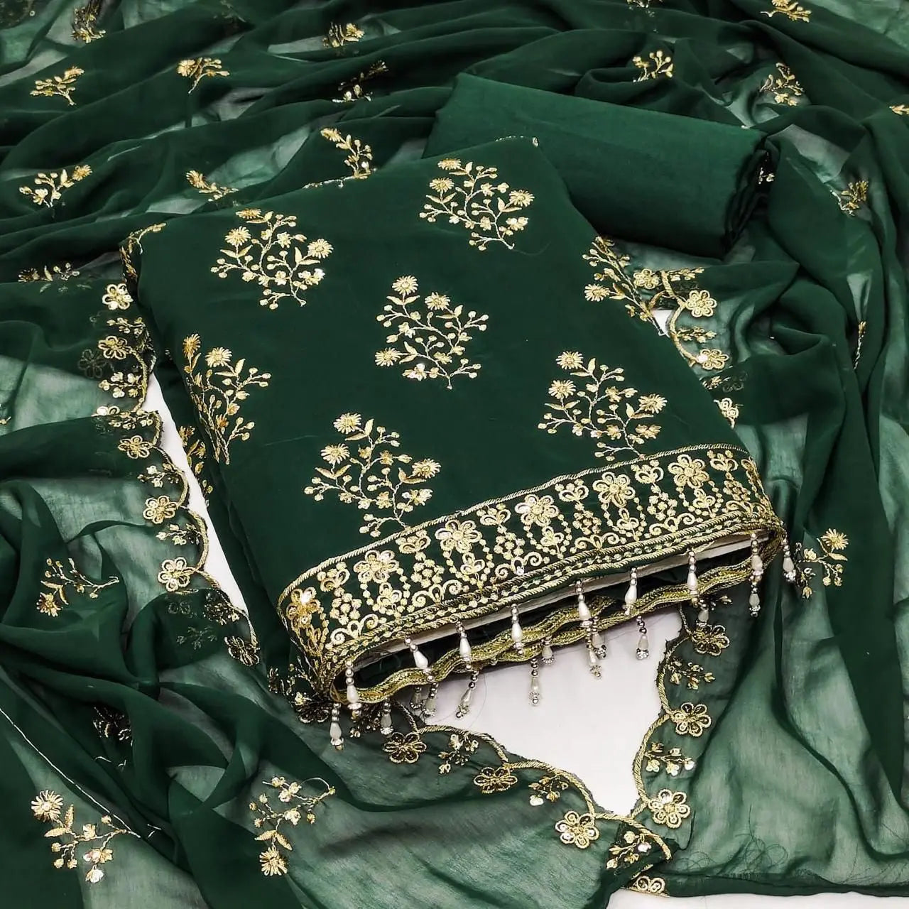 Georgette Golden Embroidery lace work Dress Material (Unstitched) - Premium from Ethenika.com - Just INR 1590! Shop now at Ethenika.com