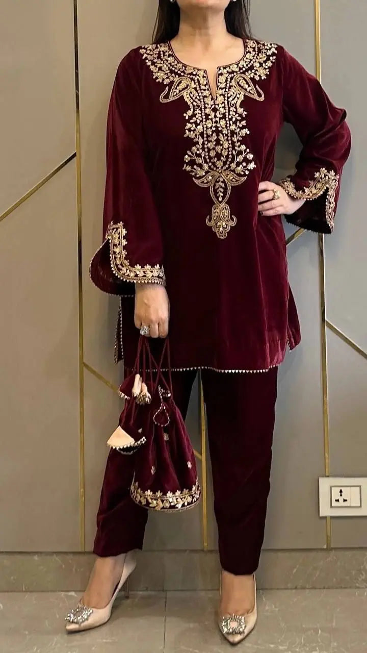 Neck Embroidery work Velvet Kurti Pant Set (Stitched) - Premium  from Ethenika.com - Just INR 2190! Shop now at Ethenika.com
