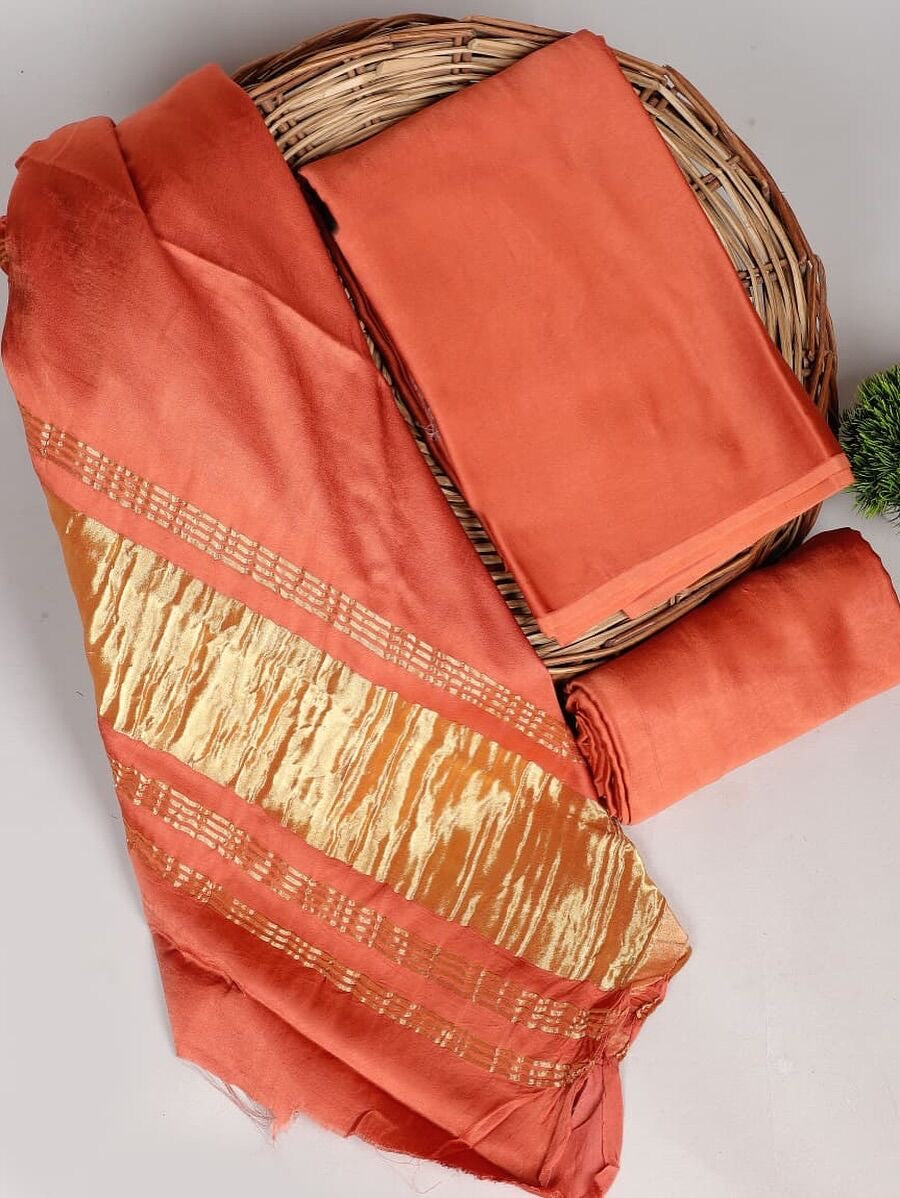 Chanderi Silk Plain Concept Dress Material with Zari Weaving Dupatta (Unstitched)