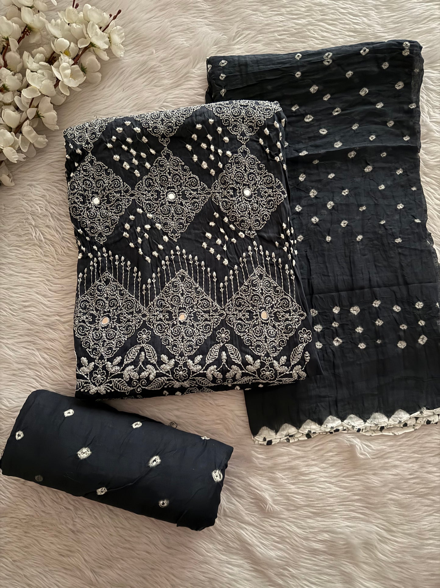 Cotton Lakhnavi Thread Embroidery with Mirror Work Bandhani Dress Material (Unstitched)