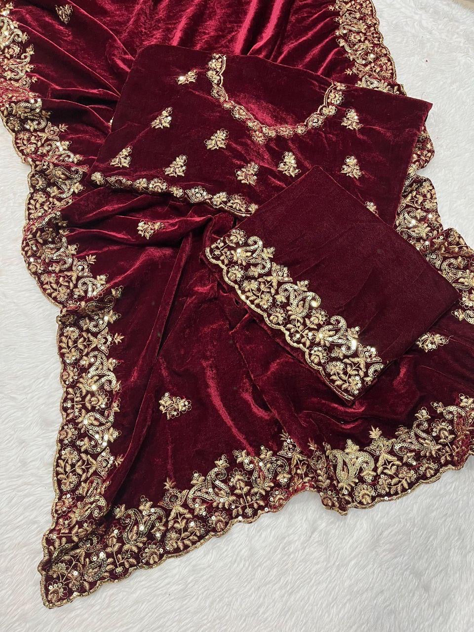 Designer Sequence Zari Work Party Wear Velvet Saree