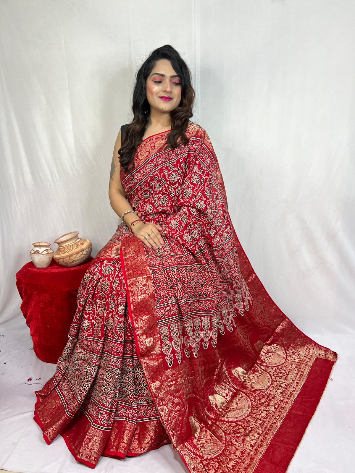 Dola Silk Original Handblocked Ajrakh work Saree - Premium from Ethenika.com - Just INR 6990! Shop now at Ethenika.com