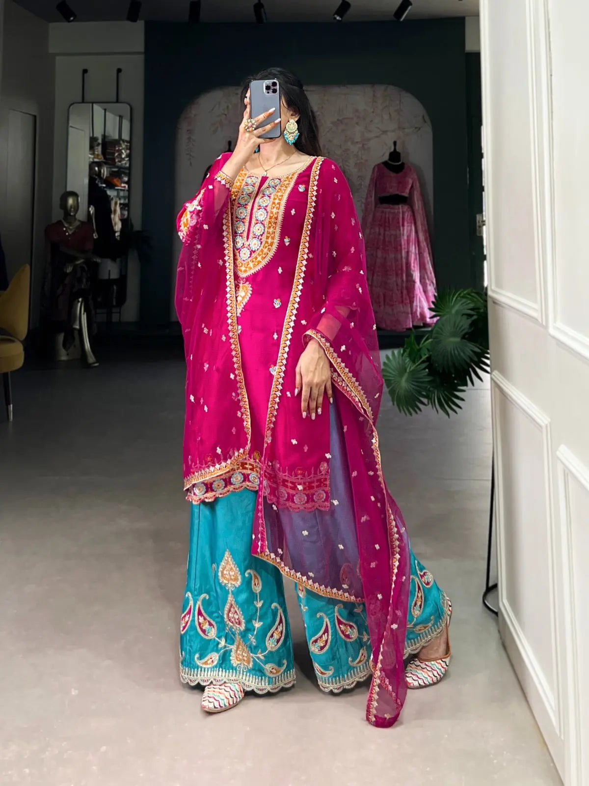 Ethenika Silk Sequence Embroidery Work Kurti Sharara Dupatta Set (Stitched) - Premium from Ethenika.com - Just INR 4990! Shop now at Ethenika.com