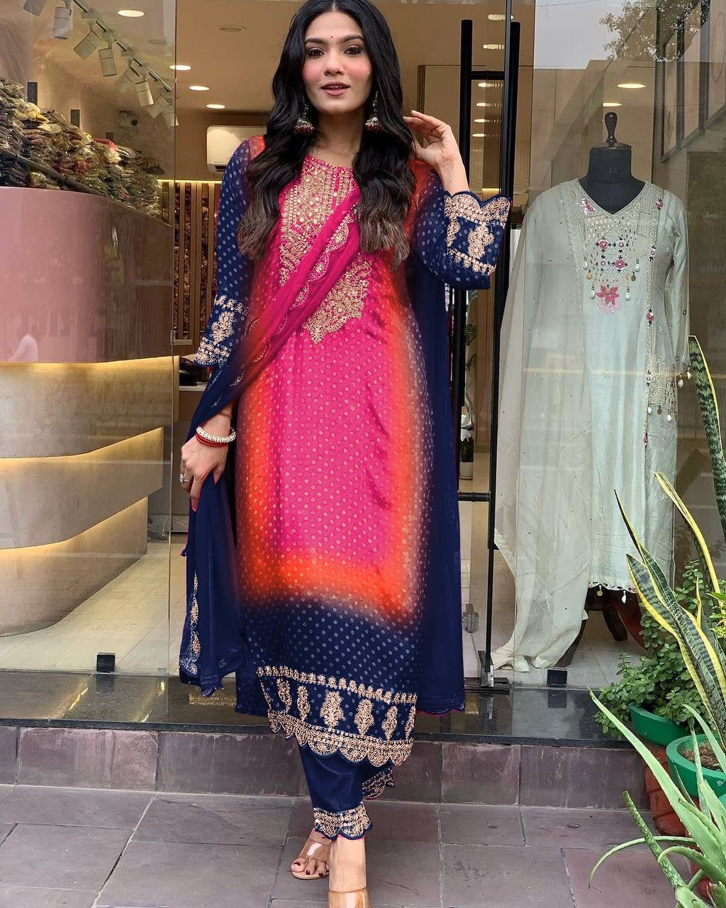 Chinon Digital Bandhani Print with Neck Thread Embroidery work Kurti Pant Dupatta Set(Stitched) - Premium from Ethenika.com - Just INR 2990! Shop now at Ethenika.com