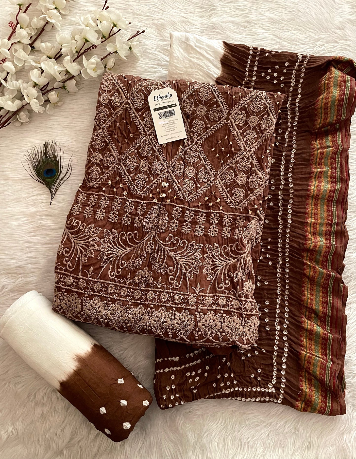 Cotton Authentic Hand Lakhnavi Thread Embroidery work White Concept Bandhani Dress Material (Unstitched) - Premium from Ethenika.com - Just INR 3990! Shop now at Ethenika.com