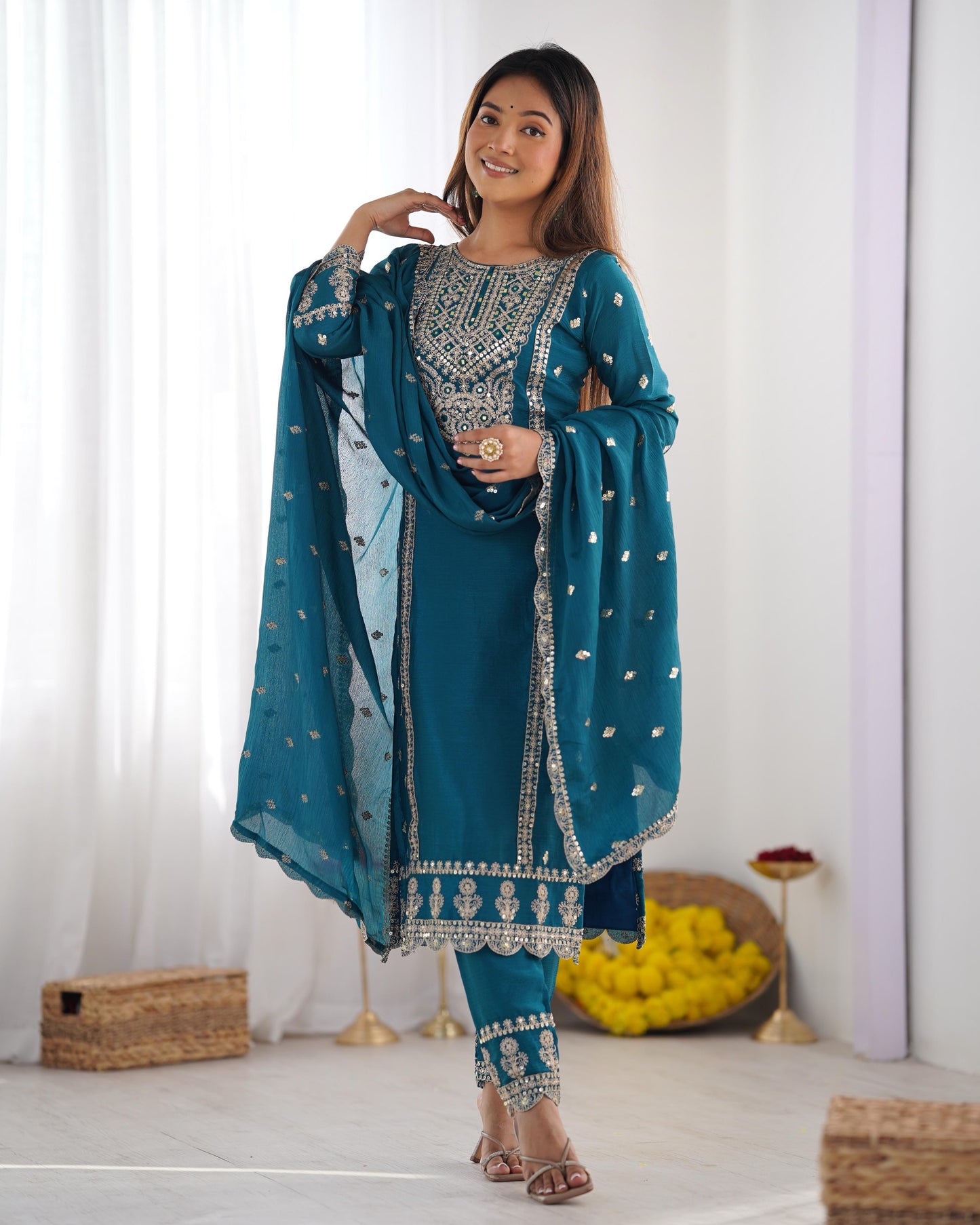 Chinon Silk Sequence Embroidery work Party Wear 3Pc Kurti Pant Dupatta Set (Stitched) - Premium from Ethenika.com - Just INR 3590! Shop now at Ethenika.com
