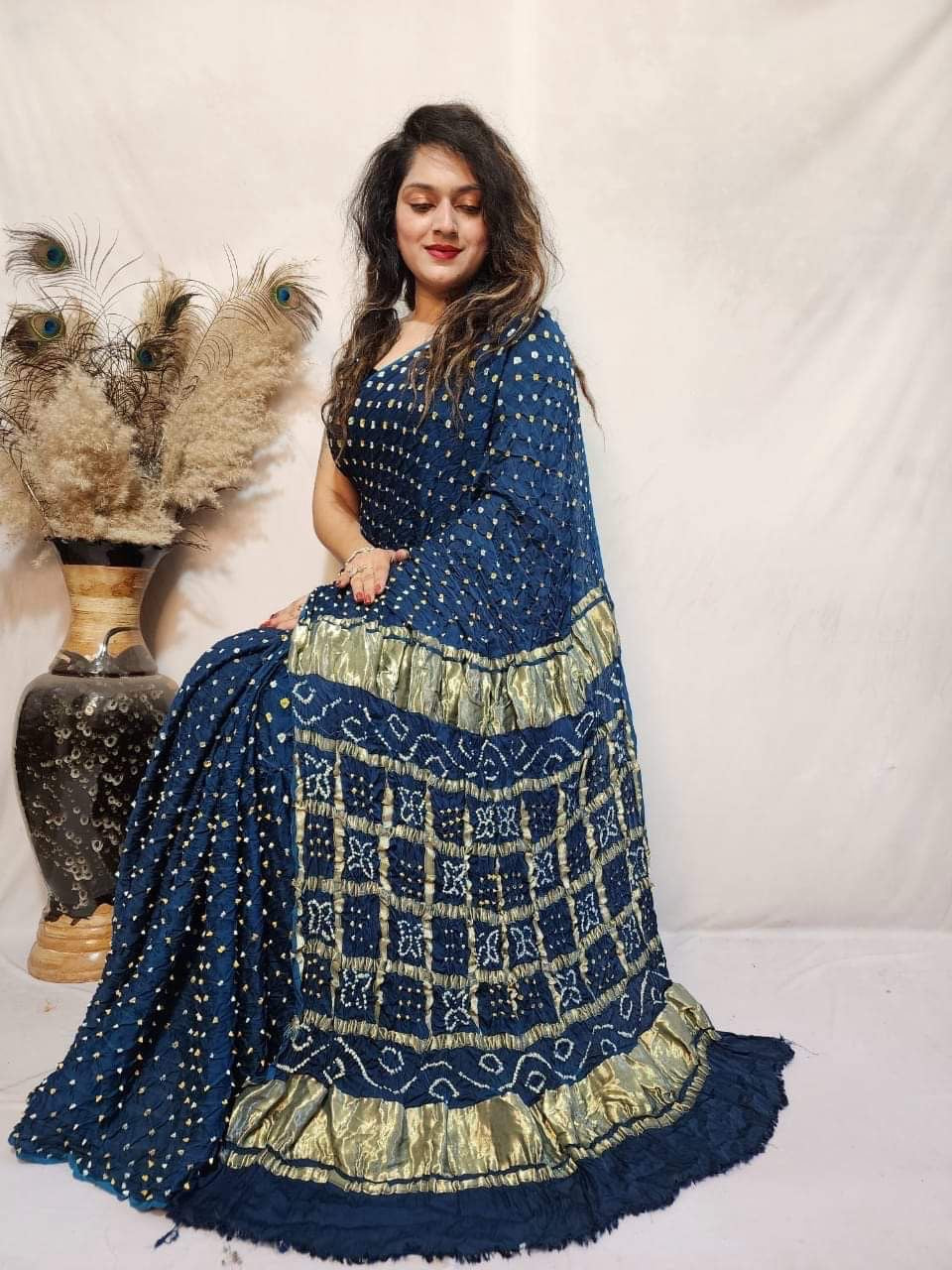 Modal Silk Barik Bandhej work Lagdi Patta Border Chex Bandhani Saree - Premium from Ethenika.com - Just INR 5990! Shop now at Ethenika.com