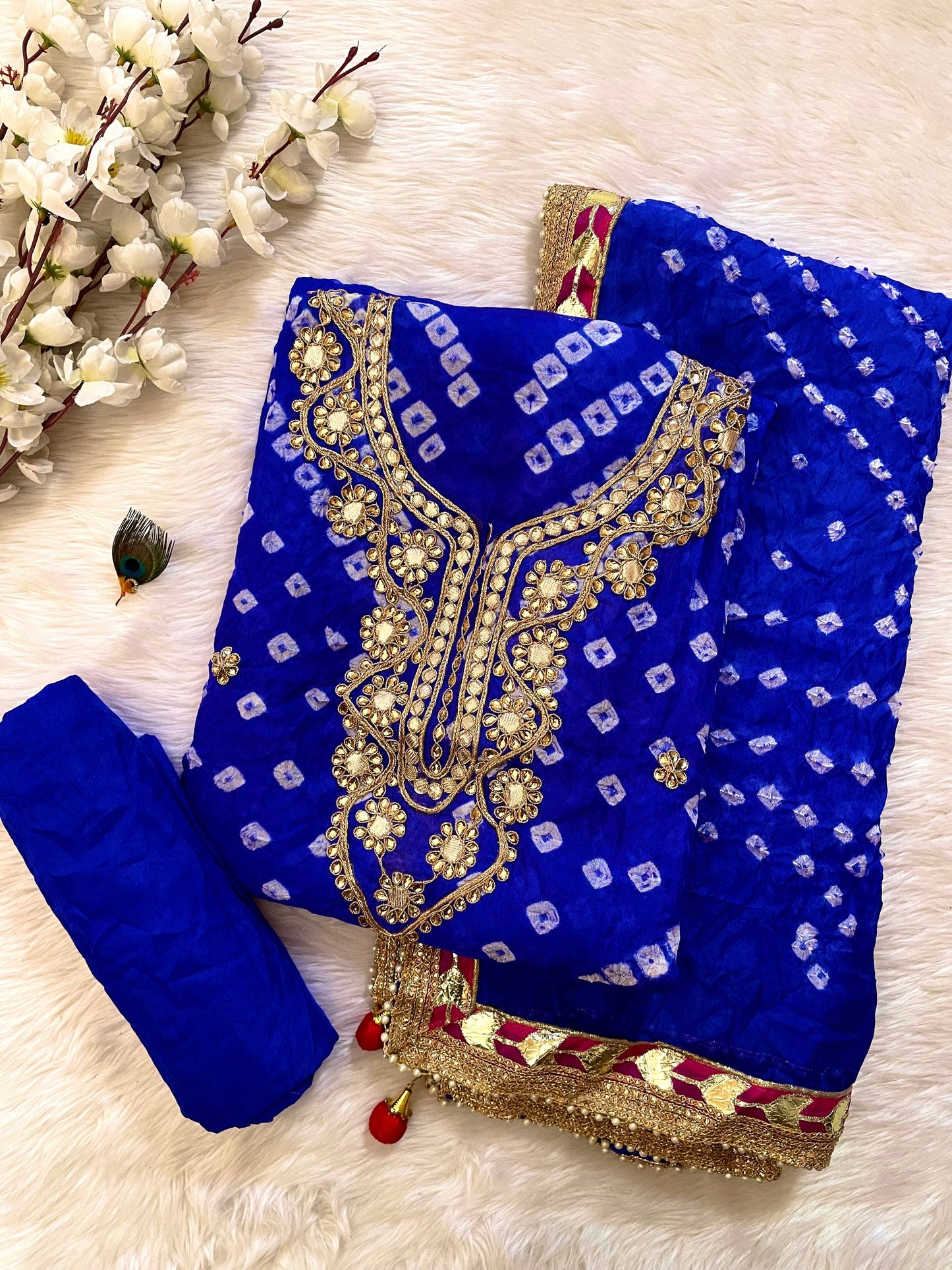 Silk Fabric Neck work with Fumka Work Dupatta Bandhani Dress Material ( Unstitched) - Premium from Ethenika.com - Just INR 2190! Shop now at Ethenika.com