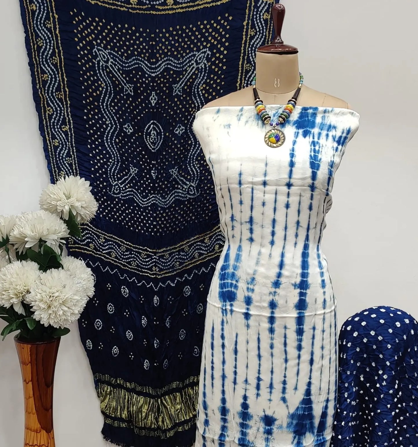 Modal Ghazi Silk White Concept Bandhani Dress Material with Ladgi patta Dupatta - Premium from Ethenika.com - Just INR 5990! Shop now at Ethenika.com