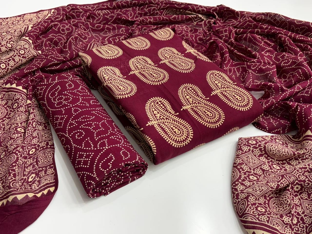 Rayon Ajrakh Original Hand Block Print Dress Material (Unstitched)