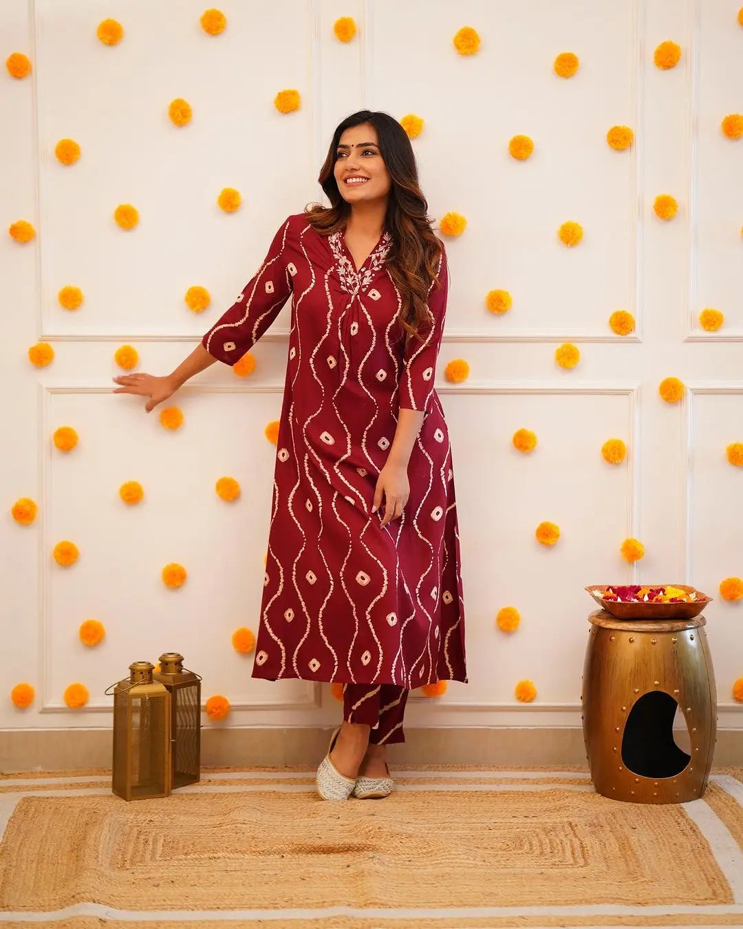 Neckline Thread Work Leheriya Kurti Pant Set (Stitched) - Premium from Ethenika.com - Just INR 1990! Shop now at Ethenika.com