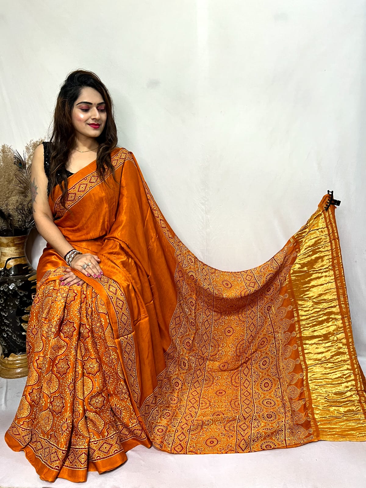 Fine Modal Silk Authetic Hand blocked Ajrakh Print Saree - Premium from Ethenika.com - Just INR 6590! Shop now at Ethenika.com
