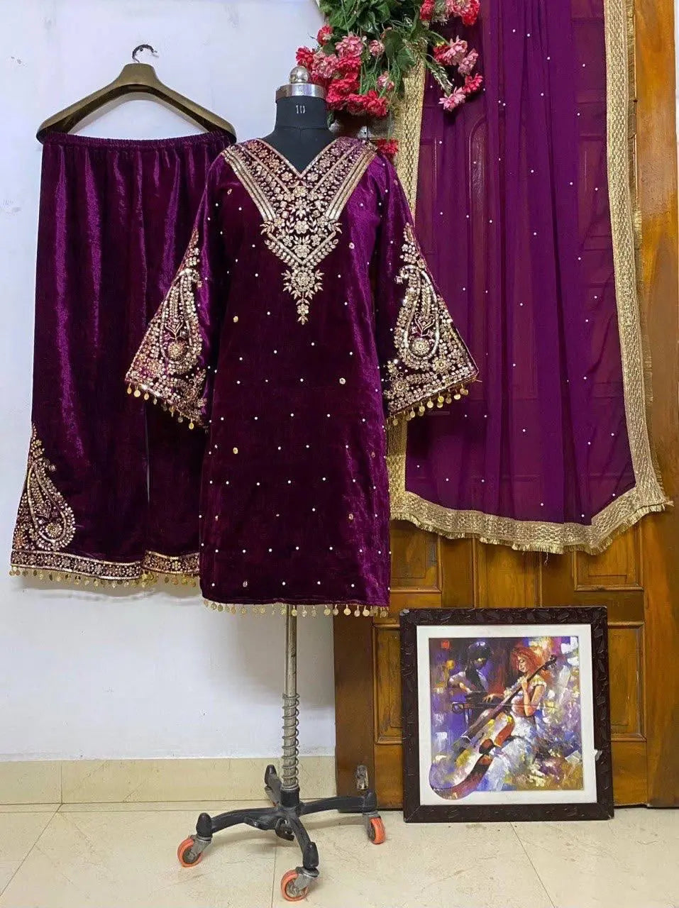 Ethenika Embroidery Work Winter Wear Velvet Kurti Pant Dupatta Set - Premium from Ethenika.com - Just INR 2790! Shop now at Ethenika.com