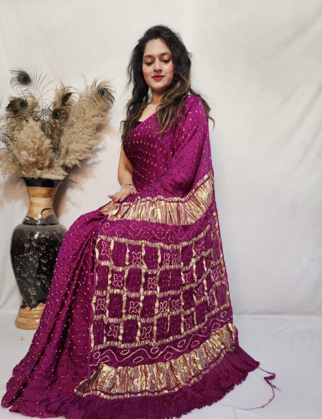 Modal Silk Barik Bandhej work Lagdi Patta Border Chex Bandhani Saree - Premium from Ethenika.com - Just INR 5990! Shop now at Ethenika.com