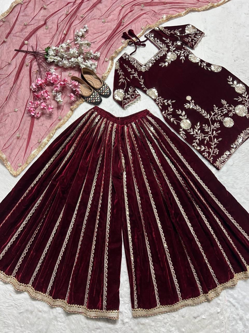 Pure Viscos Heavy Velvet Embroidery Work Velvet Kurti Sharara Set - Premium from Ethenika.com - Just INR 4590! Shop now at Ethenika.com