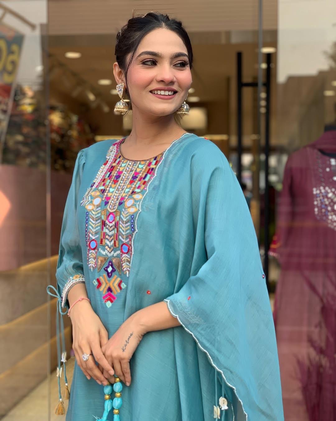 Premium Chanderi Neck Work Summer Special Kurti Pant Dupatta Set (Stitched) - Premium from Ethenika.com - Just INR 1990! Shop now at Ethenika.com