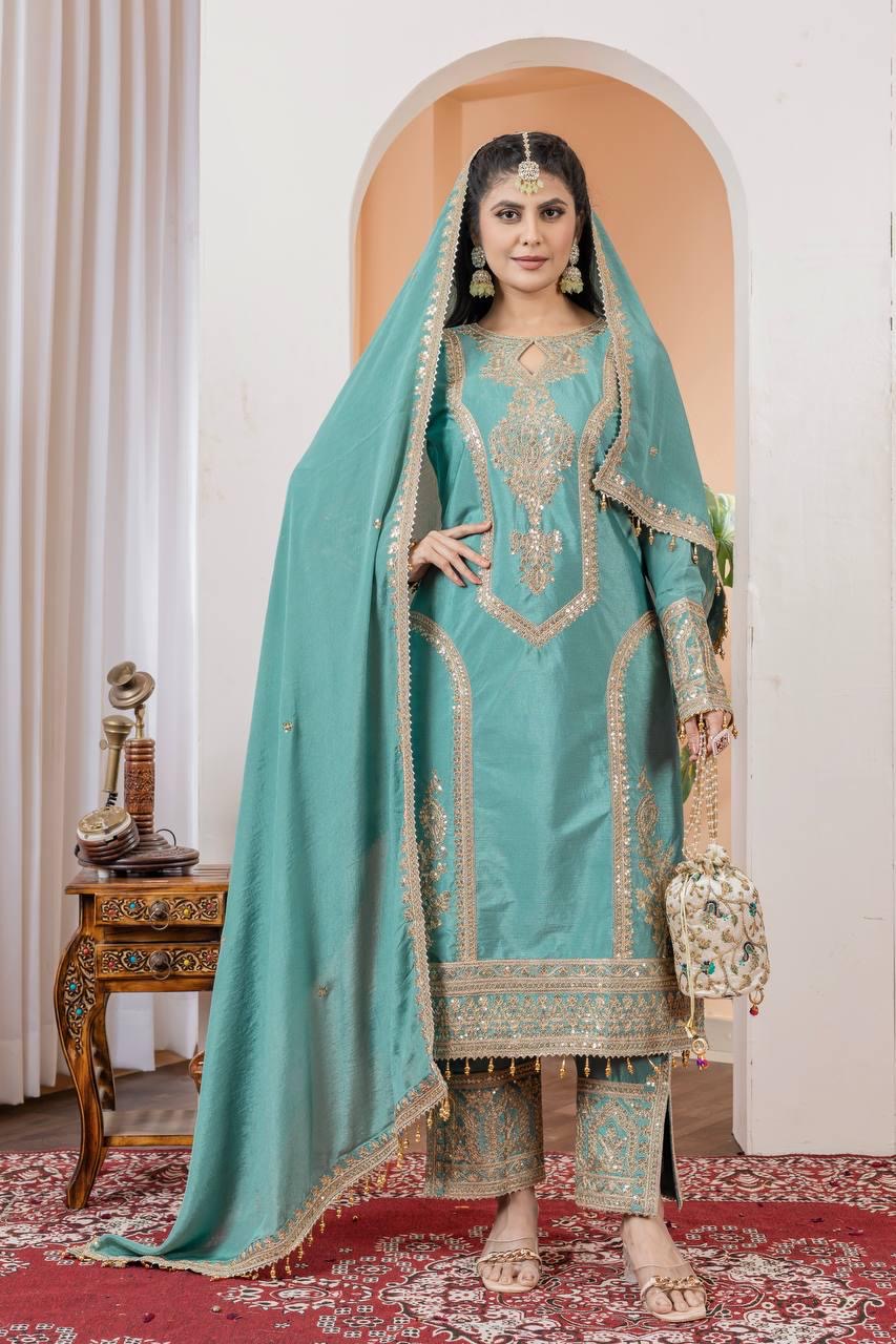 Chinon Silk Sequence Embroidery Work Pakistani Party Wear Salwar Suit Dupatta Set (Fully Stitched) - Premium from Ethenika.com - Just INR 3990! Shop now at Ethenika.com