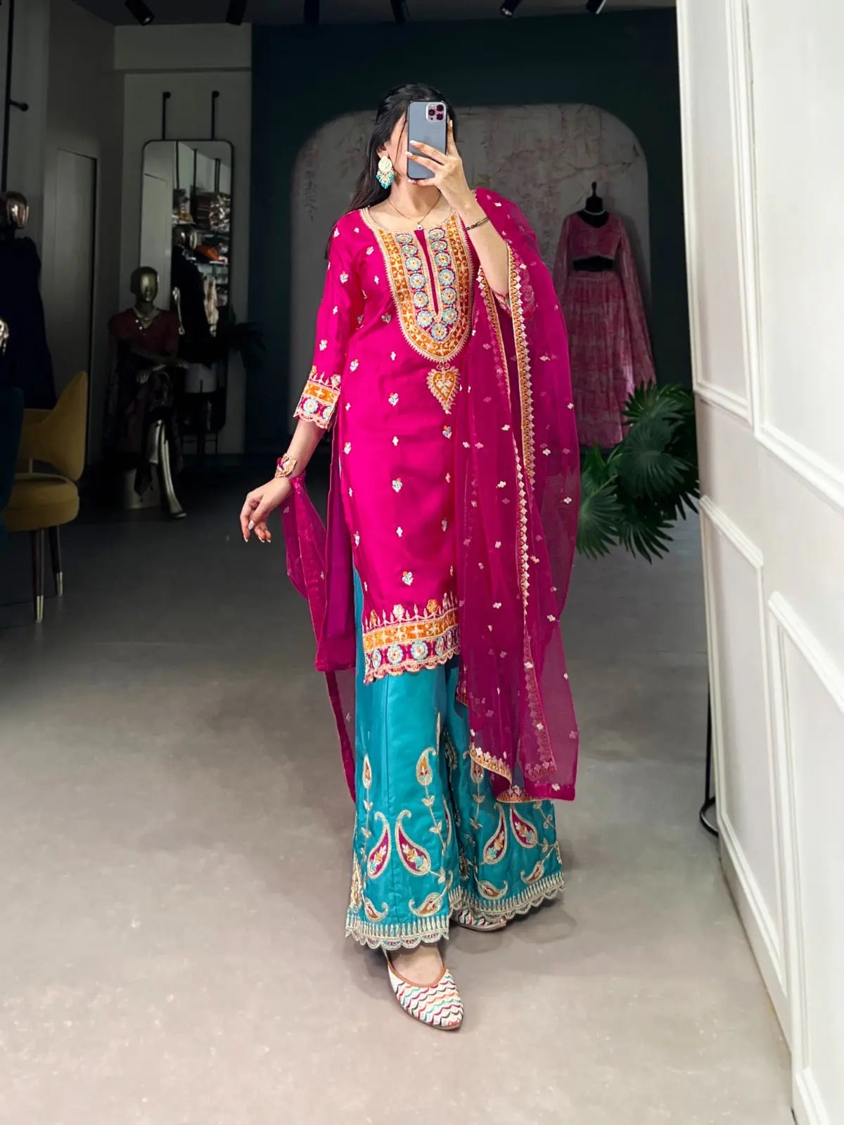 Ethenika Silk Sequence Embroidery Work Kurti Sharara Dupatta Set (Stitched) - Premium from Ethenika.com - Just INR 4990! Shop now at Ethenika.com
