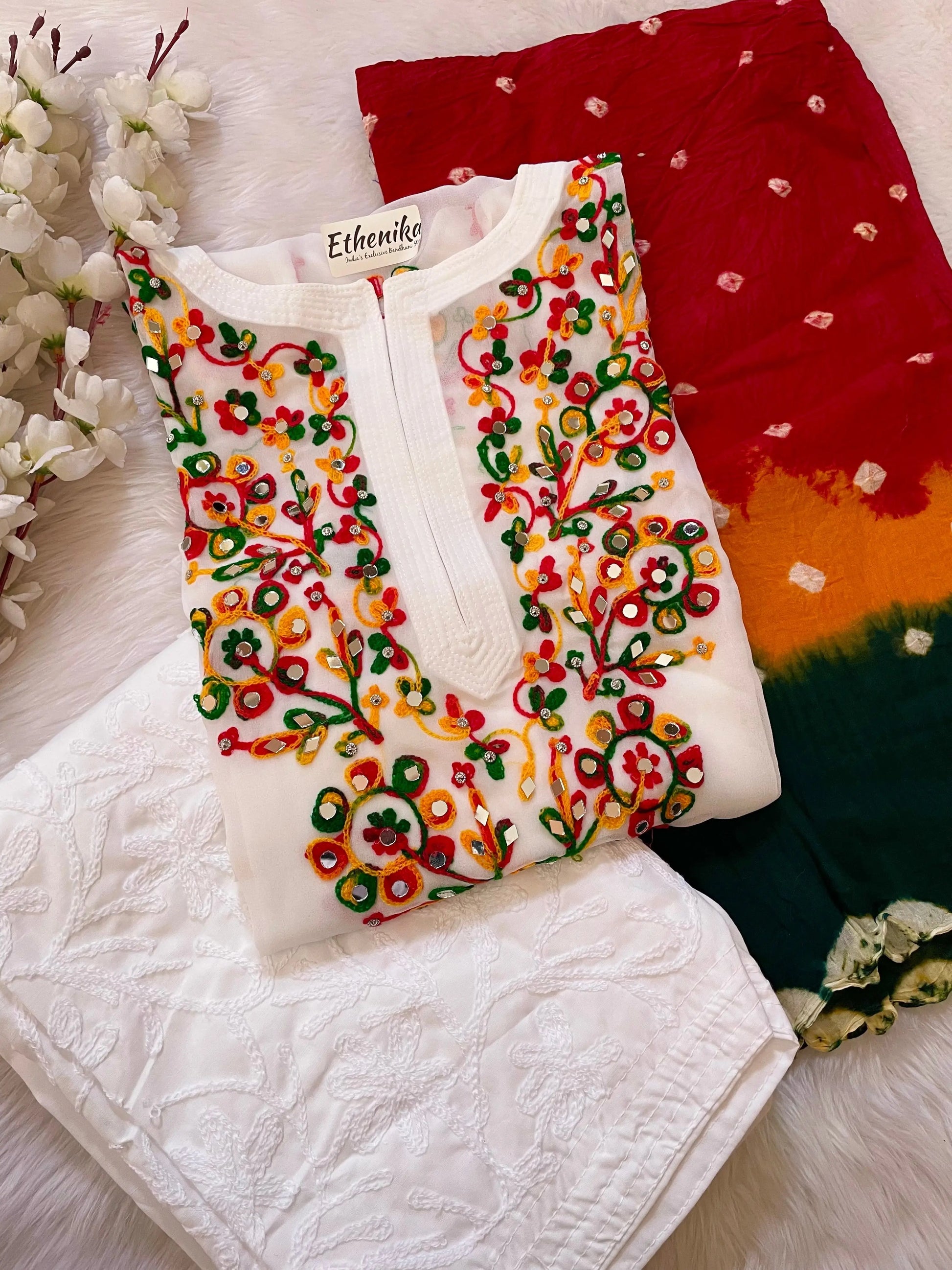 Cotton Thread Embroidery with Mirror Work Kurti Pant Dupatta Set - Premium  from Ethenika.com - Just INR 2190! Shop now at Ethenika.com