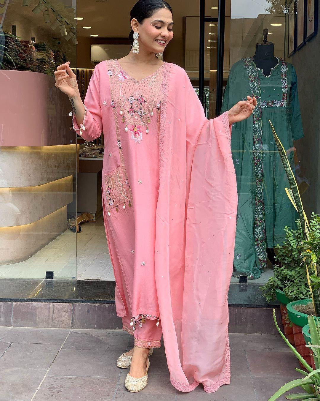 Roman Silk Original Kodi work with Hand Stone Thread Embroidery Work Summer Special Kurti Pant Dupatta Set (Fully Stitched) - Premium from Ethenika.com - Just INR 2990! Shop now at Ethenika.com