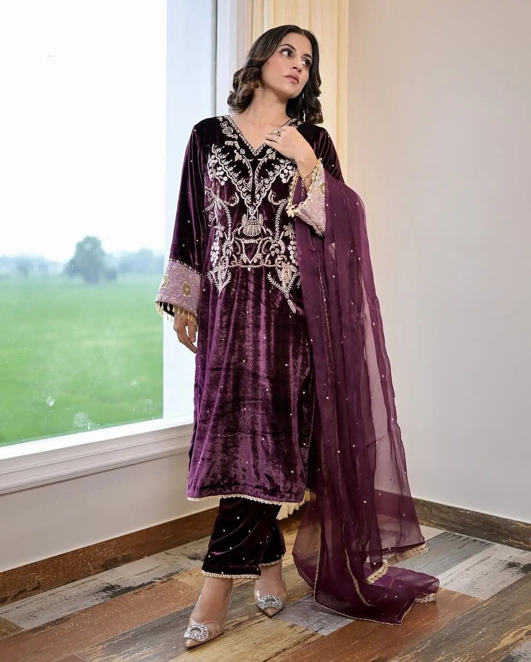 Winter Special Embroidery kodi work Velvet Kurti Pant Dupatta Set - Premium from Ethenika.com - Just INR 3290! Shop now at Ethenika.com